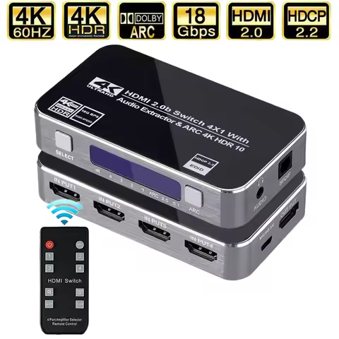 4K HDMI Switcher HDMI 2.0 Switch HDMI audio extractor HDR ARC splitter 4X1 with remote(HDMI in to HD