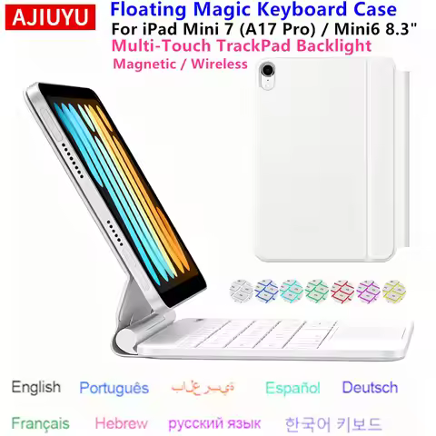 AJIUYU Magic Keyboard Case for iPad Mini 7 (A17 Pro) / mini 6 Smart Cover Spanish Portuguese Hebrew 
