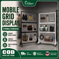 Foldable Mobile Grid Display Rack Pegboard Rack With Wheels Metal Mesh Stand For Snacks Tools Bags C