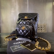 Chanel Vintage Classic 24k Gold-Plate Duma Double Turn-lock Black Lambskin Backpack 香奈兒Duma經典雙CC鎖扣