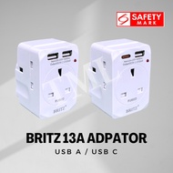 Britz 13A 3 Way Adaptor with 2 x USB Port USB A USB C (Safety Mark)