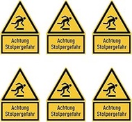 Sticker 75 x 50 mm, Pack of 6 – Achtung Stolpergefahr – Warning Sign with Text (German) (Yellow/Blac