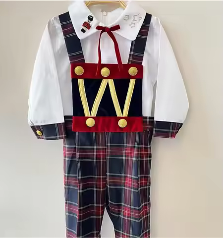 0-6Y Boy Aumtumn Nutcracker Embroidery Red Green Plaid Outfit Suit for Party Birthday Holiday Photog