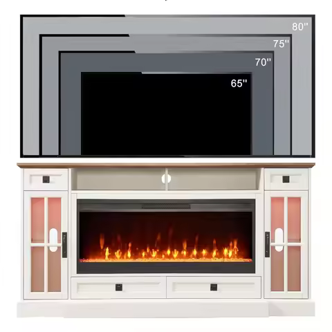70 Inch Farmhouse Fireplace TV Stand for 80 Inch TV with 42 Inch Crystal Fireplace Insert LED Lights