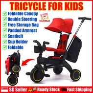 Kids Tricycle Red | Baby Stroller with Adjustable Push Handle &amp; Padded Armrest, Bicycle with Foldable Canopy for 10 months to 6 years old, Collapsible Mini Bike with Safety Harness, Lockable Pedal, Cup Holder, and Storage Bag