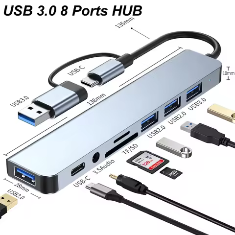 8-IN-1 USB TYPE-C 3.0 HUB 3.5MM Audio SD TF Card reader Dock Station 5Gbps High Speed Transmission U