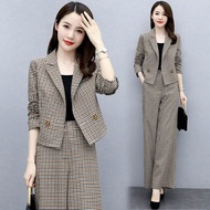 Blazer Set Korean Women Plaid Suit Blazer Thin Coat + Long Pants Sets Premium Formal Business Suit Office Plus Size