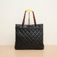 CHANEL 中古菱格紋玳瑁托特包黑色5開肩背包