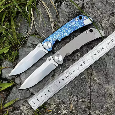 New 14C28N steel folding small knife TC4 titanium alloy handle anodized blue outdoor camping fishing