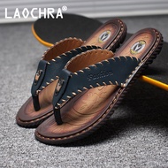 LAOCHRA Genuine Leather Men Flip Flops Big Size 38-46 High Quality Summer Mens Sandals Soft Sole Fla