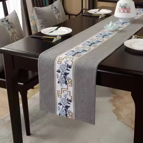 Chinese Style Table Runner Luxury Cotton Linen Jacquard Embroidered CoffeeTable Runners Decorative B