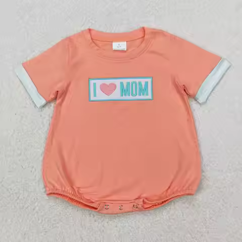 4.1y New stock baby boys summer romper wholesale boutique embroidery i love mom green striped orange