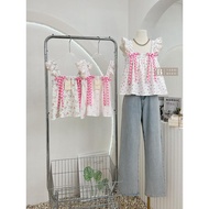 Dahye Ruffle Top Floral Lace Coquette Blouse Ribbon Women Korean Floral Motif Premium Sleeveless BKK