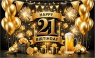 Happy 21th Birthday Party Banner Backdrop Black Gold 21th Birthday Decorations for Teenage Birthday