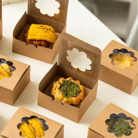 Egg Tart Packaging Box With Sunflower Window Kraft Paper Desert Takeout Box with Inner Tray