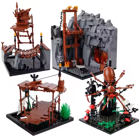 MOC Medieval Smith Forging House Building Blocks Kit Mine Cave Spider Monster Wooden Bridge Bricks T