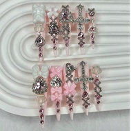 10PCS Y2K Pink Jirai Kei Cute Long Handmade Press On Nails Shibuya Gyaru Bow Heart Cross Diamond Sti