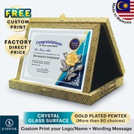 (JS Pewter) 7"x9" Crystal Plaque GOLD PLATED PEWTER | Premium Songket Gift Box | Corporate Gift Cend