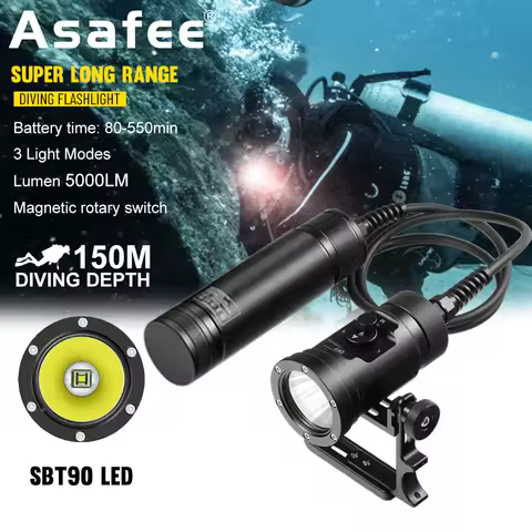Asafee DT06 150M Underwater 5000LM SBT90 LED Diving Flashlight IPX8 Magnetic Rotary Switch Technical
