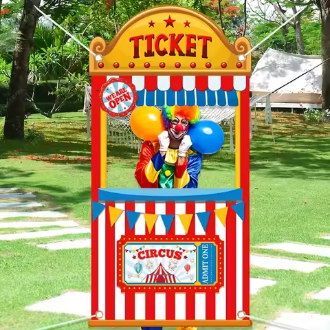 2D flat banner, 1 piece, 1 Circus carnival party banner - bright red and white striped ticket booth 