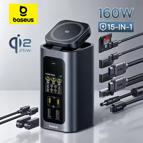 Baseus 15-in-1 Docking Station 160W USB C HUB with Qi2.2 25W Wireless Charging 2 HDMI 4K@120Hz 60Hz 