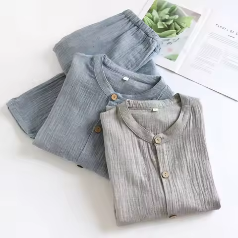 Solid Color Loungewear Set for Men 100% Cotton Muslin Pajamas Loose Round Neck Smoky Blue Sleepwear 