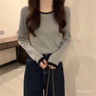 Casual Long-Sleeved T Contrast Color Genuine Shoulder Shirt Women Spring Autumn Thin Bottoming Versa