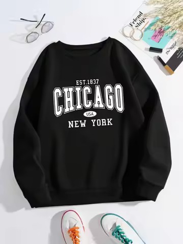 Chicago New York USA Sweatshirts Women White Letter Print Casual Hoodie Winter Fleece Crewneck Black