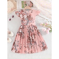 Dress Budak Perempuan 5 to 11 Tahun Kids Girls Short Sleeve Pleated Floral Pink Blue Brown Yellow Bl