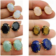 Oval Shape Stud Earrings Silver Color Natural Stone Faceted Pink Quartz Crystal Tiger Eye lapis lazuli Healing Jewelry Female