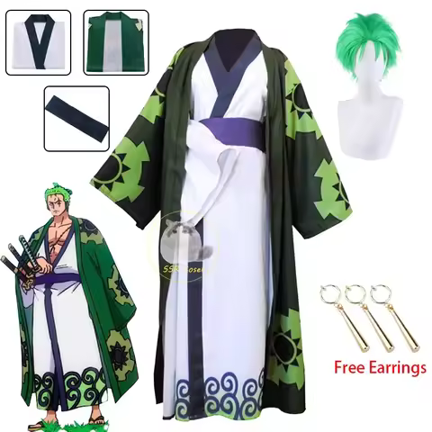 Anime Roronoa Zoro Cosplay Costume Wano Kuni Country Kimono Robe Zoro Wig Earrings Outfits Halloween
