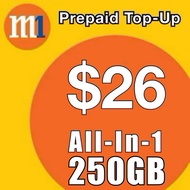 M1 Prepaid [$26 ALL-IN-ONE] (250GB Data/6GB Per Day) Top Up