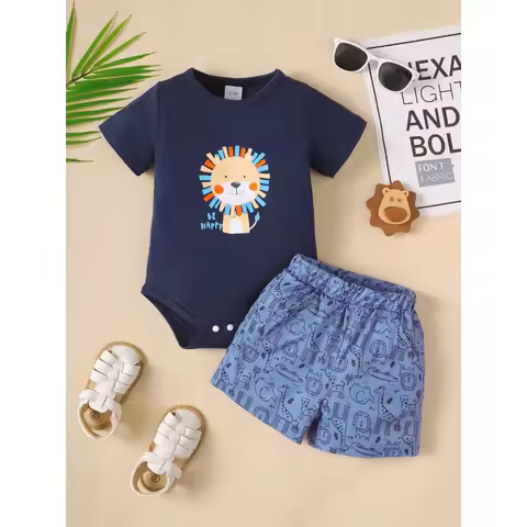 2CPS Summer Baby Boy Clothes Set Cartoon Lion Short Sleeved Bodysuit+Shorts Leisure Home Clothing fo