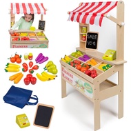 Wooden Farmers Market Stand - Toy Grocery Set for Pretend Role Play, 30+ Pieces- includes Fruit Vegg
