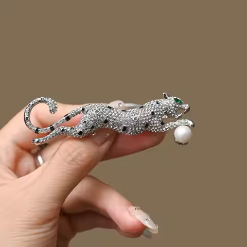 Leopard Brooch Crystal & Pearl Inlaid Animal Brooch Gold - Tone Rhinestone Jaguar Pin Vintage Statem