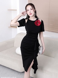 Đầm Thun Đen Dự Tiệc Tay Ngắn Xẻ Lai MS  2678