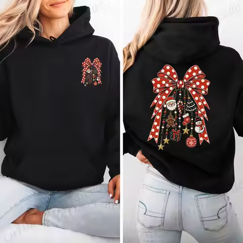 Women Hoodies Funny Christmas Charms Bow Polka Dots Print Hoodie Casual Sweatshirts Fashion Trendy S