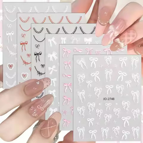 3/6/12/18 Sheets Transparent Lace Bow Nail Stickers 3D White Pink Ribbon Chain Line Nail Art Decals 