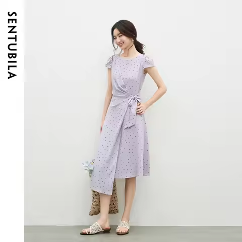 SENTUBILA French Retro Polka Dot Puff Sleeve Dress Women 2026 Summer O-Neck Elegant Wrap Tie Waist D