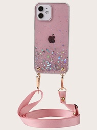 粉色斜挎閃片裝飾手機殼,帶背帶,適用於iphone 11、iphone 13、iphone 14 Pro Max