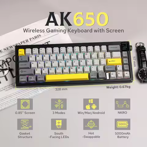Ajazz AK650 Gaming Mechanical Keyboard with 0.85'' TFT Screen & Knob 65% RGB Bluetooth Wireless Keyb