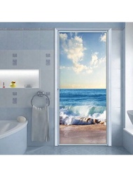 1入組/2入組自粘式防水及防污門貼,海浪海灘風景壁貼適用於室內/室外牆面或櫥櫃裝飾