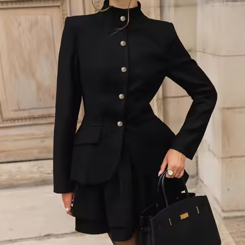 Vintage Skirt 2 Piece Set Elegant Black Blazer Cardigan Top Slim Ruffle Mini Skirt Set Luxury Fashio
