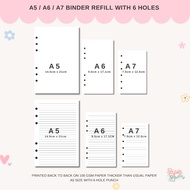 A5 / A6 / A7 Binder Refill 6 holes binder Loose Leaf Refill Planner Inserts | Paper Bams