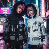 原創龐克風靈罪刻印翅膀十字架毛邊刷毛連帽外套漁網拼接JJ2559
