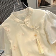 New Chinese style button-down shirt improved small 新中式国风盘扣衬衫改良小个子上衣女2025年新款短袖刺绣DST24