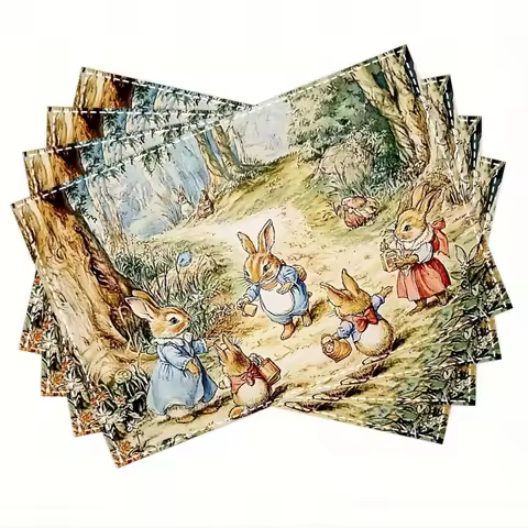 Peter Rabbit Placemats Linen Farmhouse Kids Dining Table Decor Easter Bunny Theme Washable Kitchen M