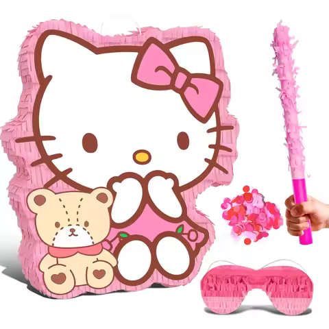 4 Pcs Hello Kitty Pinata Set-15.4" Hello Kitty Party Pinata&Hello Kitty Pinata Sticks Eye Mask etc H