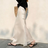 Satin Chinese Style Skirt High Waist A-Line Skirt Lace Stitching Long Skirt New Chinese Style All-Ma
