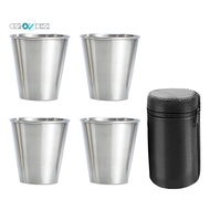 Stainless Steel Shot Cups, Set of 4 Cups, Metal Shot Glasses, Stackable, Hip Flask Small with Leathe
